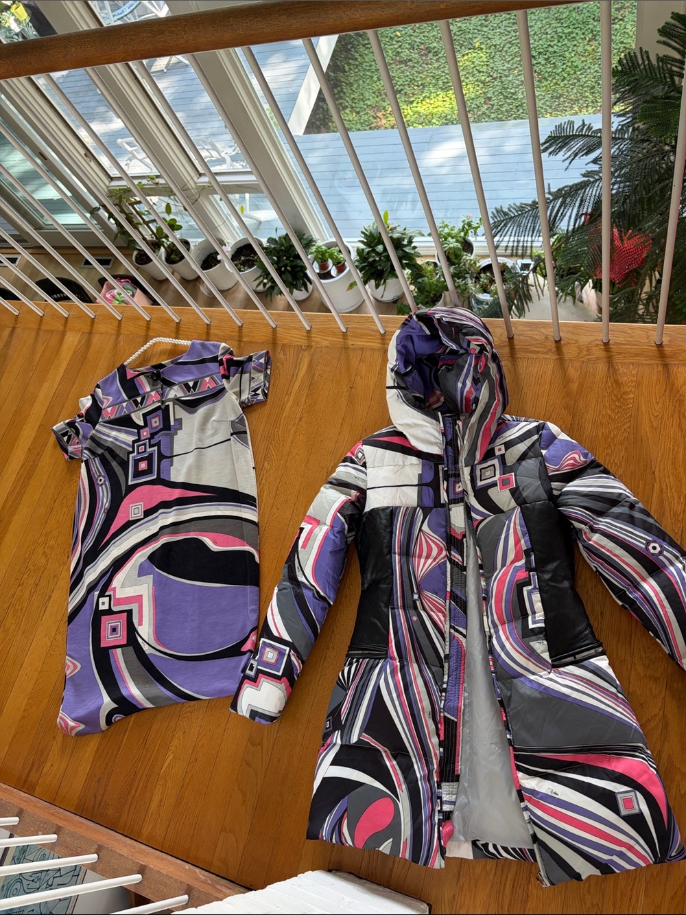 Matching Emilio Pucci Purple, Black & Pink Patterned Hooded Puffer & Dress (2)